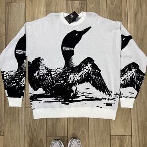Waggle Loon Knit Sweater White Black Mens XL Crewneck Graphic Bird Pullover